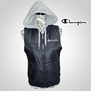 CHAMPION Black Puffer Vest With Gray Hood - XSmall